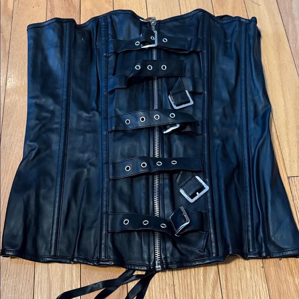Black Faux Leather Buckle Lace Up Corset Vest L